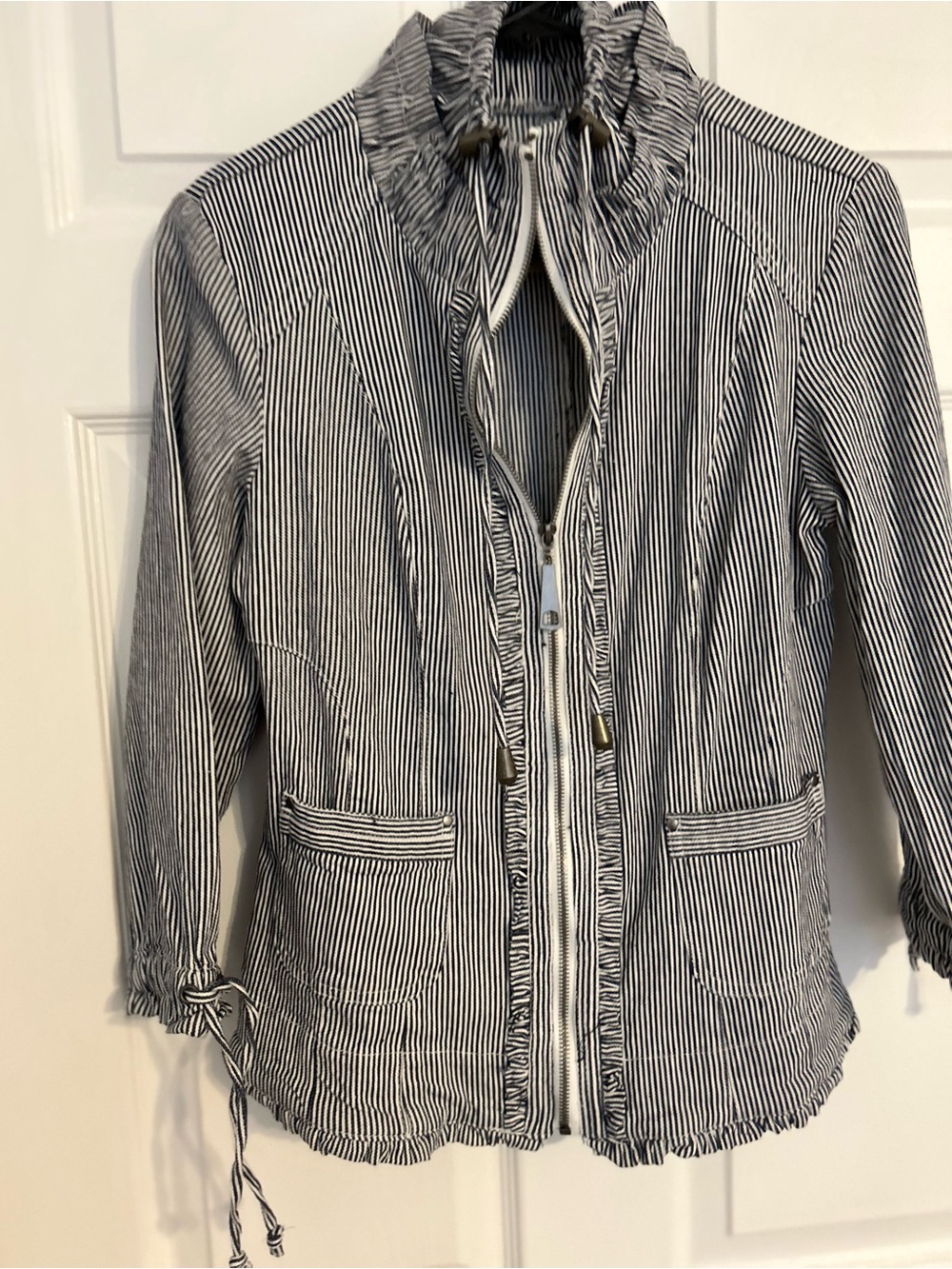 Women's Black & White Striped Zip-Front Jean Jacket